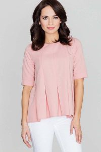 Elegancka Różowa Bluzka z Kontrafałdami z Przodu. Czerwone bluzki Katrus, m, bez wzorów, z materiału, eleganckie, bez kołnierzyka, bez ramiączek. Za 199,00 zł.
