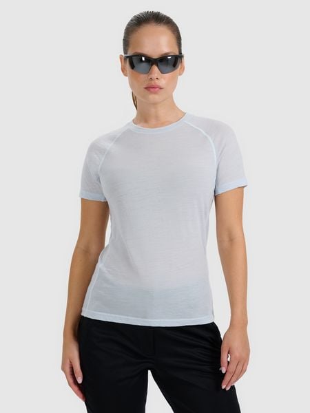 4F Koszulka trekkingowa z wełną merino damska - niebieska XL. Niebieskie bluzki 4f, s, bez wzorów, z wełny, bez kołnierzyka, bez ramiączek. W wyprzedaży za 139,99 zł.