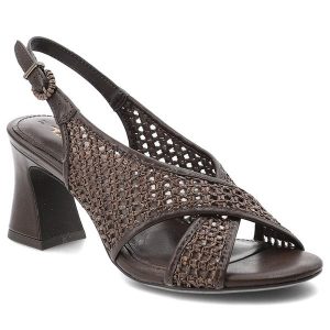 Sandały damskie Tamaris, cholewka ze skóry ekologicznej i materiału tekstylnego plecionego z krzyżującymi się paskami na stabilnym obcasie, brązowe,. Brązowe sandały Tamaris, bez wzorów, ze skóry ekologicznej, bez obcasa, na obcasie, bez zapięcia. Za 289,00 zł.