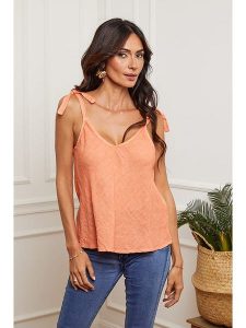 La Compagnie Du Lin Lniany top w kolorze brzoskwiniowym rozmiar: XL. Pomarańczowe topy La Compagnie Du Lin, xl, bez wzorów, ze lnu, bez kołnierzyka, bez ramiączek. Za 120,52 zł.