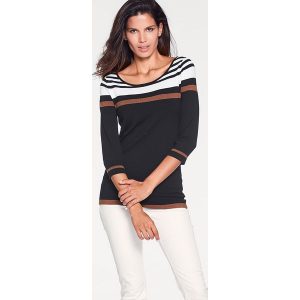 Sweter w kolorze czarno-biało-jasnobrązowym. Białe swetry oversize marki Ashley Brooke by Heine, w paski, z dzianiny. W wyprzedaży za 125,95 zł.