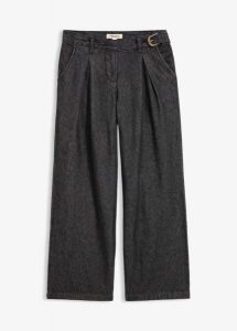 Jeansy wide leg z zaszewkami w pasie. Czarne jeansy bonprix, bez wzorów, z jeansu. Za 149,99 zł.