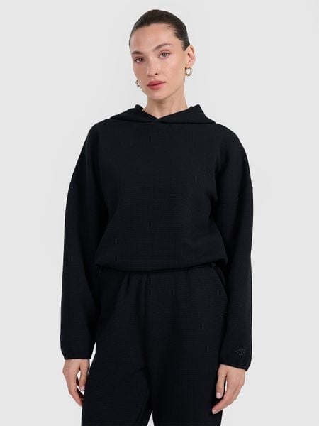4F Bluza dresowa z waflowej dzianiny damska - czarna XL. Czarne bluzy 4f, xl, bez wzorów, z dresówki, bez kaptura. W wyprzedaży za 149,99 zł.
