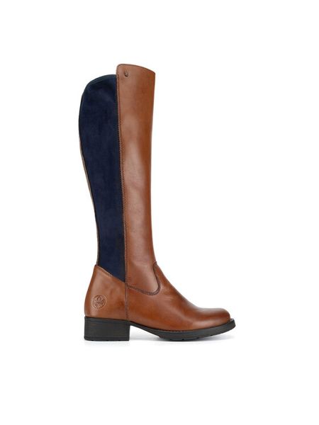 Rieker Kozaki Z9591-23 Brązowy. Brązowe kozaki Rieker, bez wzorów, ze skóry, bez obcasa, na płaskiej podeszwie, bez zapięcia. Za 399,00 zł.