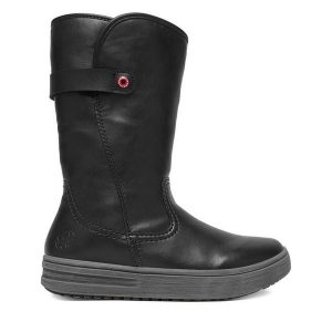 Kozaki Rieker. Czarne kozaki Rieker, bez wzorów, bez obcasa, na płaskiej podeszwie, bez zapięcia. Za 399,99 zł.