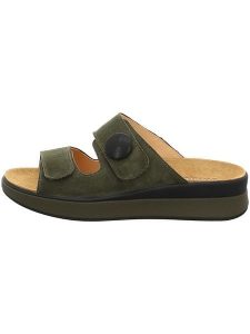 Think! Skórzane klapki w kolorze khaki rozmiar: 43. Brązowe klapki Think, bez wzorów, z otwartym noskiem, bez obcasa. Za 199,65 zł.