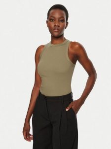 IVY OAK Top Klara IO1100X2350 Khaki Slim Fit. Brązowe topy IVY & OAK, l, bez wzorów, z bawełny, bez kołnierzyka, bez ramiączek. Za 129,99 zł.