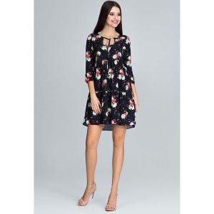 Urocza Sukienka w Barwny Deseń z Falbankami - Wzór 75. Czarne sukienki Figl, l, bez wzorów, z elastanu, bez kołnierzyka, bez ramiączek. Za 269,00 zł.