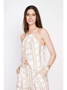 ASSUILI Top w kolorze beżowym rozmiar: 34. Brązowe topy Assuili, bez wzorów, z asymetrycznym kołnierzem, bez ramiączek. Za 65,99 zł.