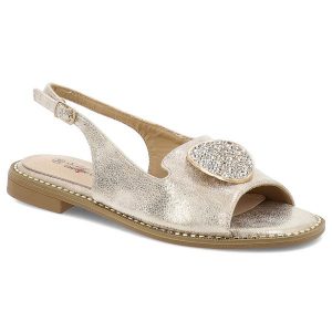 Sandały damskie S. Barski, z eko skóry z ozdobą na płaskim obcasie, jasne złoto, KV51-083. Żółte sandały S.BARSKI, z aplikacjami, ze skóry, z okrągłym noskiem, bez obcasa, na płaskiej podeszwie, bez zapięcia. Za 99,99 zł.