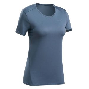 Koszulka turystyczna damska z krótkim rękawem Quechua MH100. Niebieskie bluzki QUECHUA, m, bez wzorów, z elastanu, sportowe, bez kołnierzyka, bez ramiączek. W wyprzedaży za 24,99 zł.