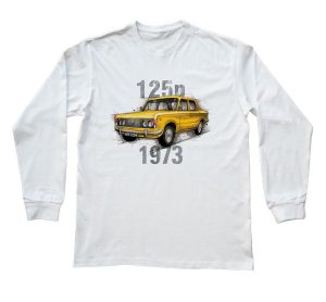 Fiat 125p — bluzka z długim rękawem (Rozmiar: S (dorosła); Kolor koszulki: biały; Rodzaj nadruku: Fiat 125p). Białe bluzki nikiniki, m, bez wzorów, z bawełny, biznesowe, bez kołnierzyka, bez ramiączek. Za 89,00 zł.