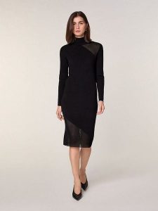 Rodier Wełniana sukienka w kolorze czarno-szarym rozmiar: XL. Czarne sukienki Rodier, na co dzień, xl, bez wzorów, prążkowane, bez kołnierzyka, bez ramiączek, midi, proste. Za 413,99 zł.