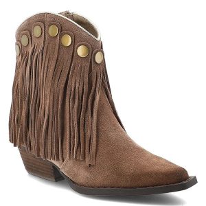 Brązowe Kowbojki Artiker Eleganckie Buty Damskie Z Frędzlami. Brązowe buty zimowe ARTIKER, z jeansu, ze szpiczastym noskiem, bez obcasa, na obcasie, bez zapięcia. Za 280,99 zł.