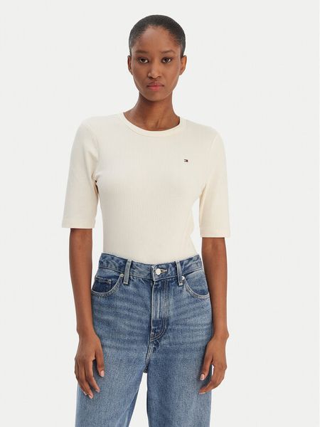 Tommy Hilfiger T-Shirt WW0WW47308 Écru Slim Fit. T-shirty TOMMY HILFIGER, s, bez wzorów, z wiskozy, bez kołnierzyka, bez ramiączek. Za 219,99 zł.