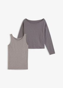 Sweter + top z czystej bawełny (kompl. 2-cz.). Szare swetry klasyczne bonprix, z bawełny, bez kołnierzyka. Za 149,99 zł.