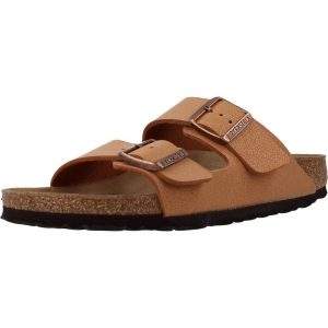 Klapki damskie Birkenstock Arizona BS. Brązowe klapki Birkenstock, bez wzorów, z materiału, bez obcasa. Za 420,35 zł.