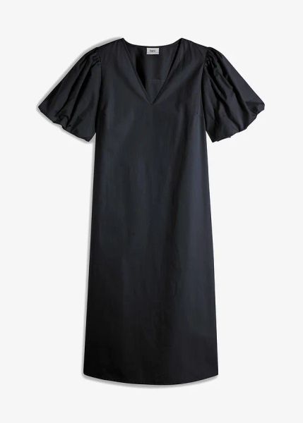 Sukienka midi z bawełny organicznej. Czarne sukienki bonprix, bez wzorów, z bawełny, bez kołnierzyka, bez ramiączek, midi. Za 59,99 zł.