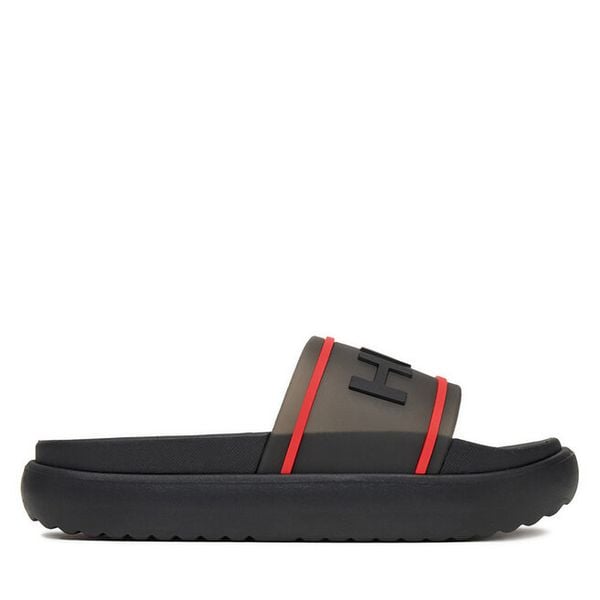 Klapki Hunter. Czarne klapki Hunter, bez wzorów, bez obcasa. Za 139,99 zł.