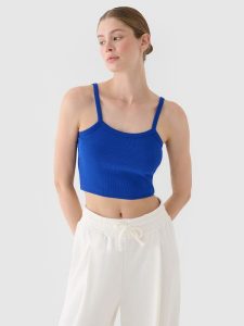 4F Crop top slim damski - niebieski L. Niebieskie topy 4f, l, bez wzorów, z bawełny, sportowe, bez kołnierzyka, bez ramiączek. W wyprzedaży za 29,99 zł.
