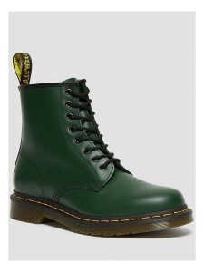Dr. Martens Skórzane botki w kolorze zielonym rozmiar: 43. Zielone botki Dr. Martens, bez wzorów, z okrągłym noskiem, bez obcasa, bez zapięcia. Za 590,20 zł.