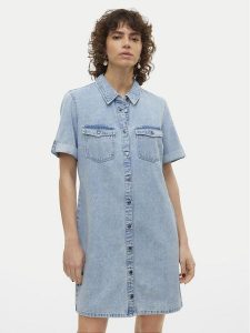 Vero Moda Sukienka jeansowa Jennie 10309665 Niebieski jasny Regular Fit. Niebieskie kombinezony Vero Moda, m, bez wzorów, z bawełny, bez kołnierzyka, bez ramiączek. Za 152,99 zł.