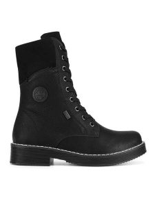 Rieker Trzewiki 70048-01 Czarny. Czarne botki Rieker, bez wzorów, z materiału, bez obcasa, na płaskiej podeszwie, bez zapięcia. Za 343,99 zł.