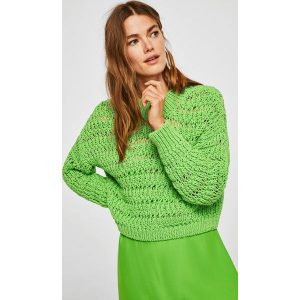 Mango - Sweter Clover. Zielone swetry klasyczne marki Mango, w ażurowe wzory, z bawełny, z krótkim rękawem. W wyprzedaży za 99,90 zł.