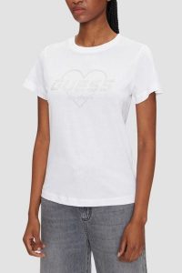 GUESS Biały damski t-shirt Narciso, Rozmiar S. Białe t-shirty Guess, s, z aplikacjami, bez kołnierzyka, bez ramiączek. W wyprzedaży za 99,99 zł.