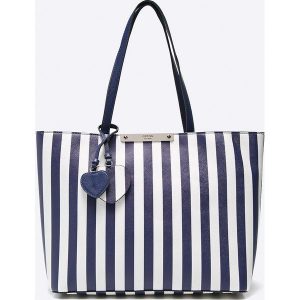 Guess Jeans - Torebka Britta. Brązowe shopper bag marki Guess Jeans, w paski, z bawełny. Za 599,90 zł.