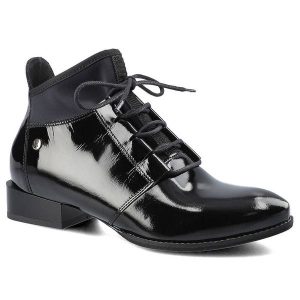 Czarne Trzewiki Damskie Maciejka Eleganckie Obuwie. Czarne botki Maciejka, z lakierowanej skóry, bez obcasa, na obcasie, bez zapięcia. Za 299,00 zł.
