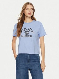 Guess Jeans T-Shirt W5RI43 K8HM0 Niebieski Regular Fit. Niebieskie t-shirty Guess Jeans, s, z aplikacjami, z bawełny, bez kołnierzyka, bez ramiączek. Za 89,99 zł.