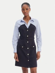 Morgan Sukienka koszulowa 261-RIVOL Granatowy Slim Fit. Niebieskie kombinezony Morgan, bez wzorów, z syntetyku, bez kołnierzyka, bez ramiączek, koszulowe. Za 459,99 zł.