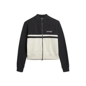 Damska bluza dresowa zapinana na zamek Superdry Athletic Essentials. Czarne kurtki Superdry, bez wzorów, z dresówki, bez kaptura. Za 273,50 zł.