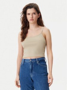 Calvin Klein Jeans Top Logo J20J225312 Beżowy Slim Fit. Brązowe topy Calvin Klein Jeans, l, bez wzorów, z jeansu, bez kołnierzyka, bez ramiączek. Za 119,99 zł.