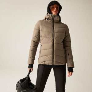 Kurtka narciarska damska z membraną Glacier Dare 2b. Brązowe kurtki sportowe Dare 2b, na zimę, bez wzorów, z puchu, bez kaptura, narciarskie. W wyprzedaży za 299,99 zł.