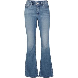 Dżinsy w fasonie bootcut, mid waist, z bawełny organicznej. Niebieskie jeansy bonprix, bez wzorów, z bawełny. Za 149,99 zł.