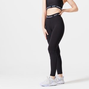 Legginsy fitness damskie Domyos. Czarne legginsy DOMYOS, bez wzorów, z materiału. W wyprzedaży za 69,99 zł.