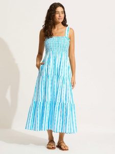 Seafolly Sukienka w kolorze turkusowym rozmiar: XS. Niebieskie sukienki Seafolly, xs, bez wzorów, z bawełny, bez kołnierzyka, bez ramiączek, maxi. Za 162,87 zł.
