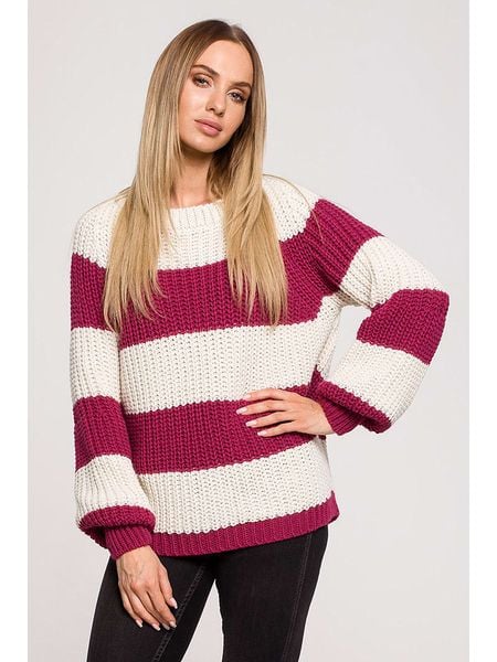 Made of emotion Sweter w kolorze biało-fioletowym rozmiar: L/XL. Białe swetry oversize Made Of Emotion, l, bez wzorów, ze splotem, bez ramiączek. Za 152,62 zł.