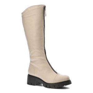 Beżowe Kozaki Simen Modne Wygodne Buty Damskie. Brązowe kozaki Simen, bez wzorów, ze skóry, przed kolano, bez obcasa, bez zapięcia. Za 529,00 zł.