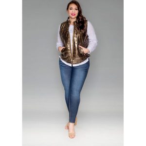 Pikowana metaliczna kamizelka na wiosnę PLUS SIZE wiosna. Kardigany marki Moda Size Plus Iwanek. Za 109,00 zł.