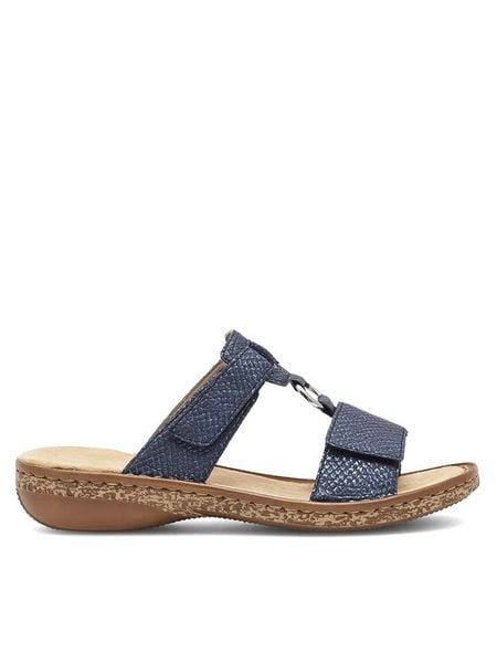 Rieker Klapki 628P9-14 Granatowy. Niebieskie klapki Rieker, bez wzorów, z materiału, bez obcasa. Za 289,99 zł.