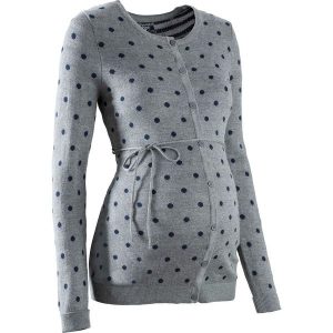 Sweter ciążowy rozpinany w kropki bonprix szary melanż - ciemnoniebieski w kropki. Niebieskie kardigany marki bonprix, z okrągłym kołnierzem, moda ciążowa. Za 49,99 zł.