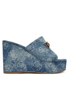 Guess Klapki FLJEV2 DEN04 Niebieski. Niebieskie klapki Guess, z aplikacjami, z materiału, bez obcasa. Za 439,99 zł.