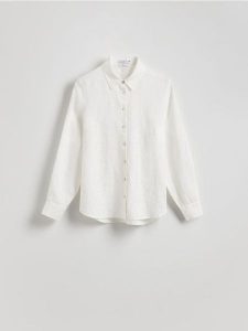 Lniana koszula - biały. Białe koszule Reserved, l, bez wzorów, z tkaniny, bez kołnierzyka, bez ramiączek. Za 149,99 zł.