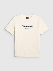 4F T-shirt loose z nadrukiem damski - beżowy M. Brązowe t-shirty 4f, m, bez wzorów, z bawełny, bez kołnierzyka, bez ramiączek. Za 79,99 zł.