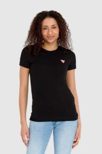 GUESS Czarny damski t-shirt bawełniany Mini Triangle Tee, Rozmiar L. Czarne t-shirty Guess, l, z aplikacjami, z bawełny, bez kołnierzyka, bez ramiączek. W wyprzedaży za 79,99 zł.