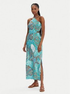 Seafolly Sukienka letnia La Mer 55423-DR Turkusowy Regular Fit. Niebieskie kombinezony Seafolly, na lato, m, bez wzorów, ze lnu, bez kołnierzyka, bez ramiączek. Za 389,99 zł.