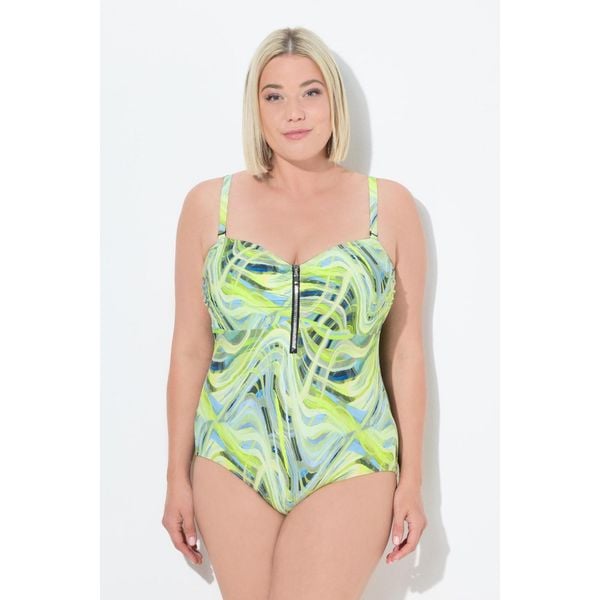 Damski Strój kąpielowy wzór w fale miękkie miseczki zamek błyskawiczny. Zielone stroje jednoczęściowe Ulla Popken, bez wzorów, z elastanu. Za 244,99 zł.